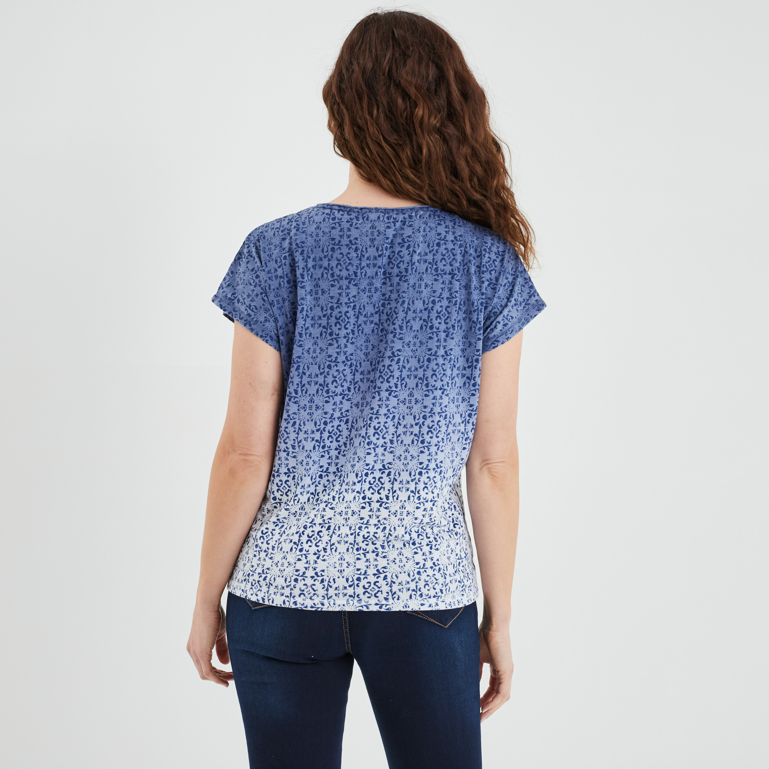 T-shirt manches courtes col en V Creeks bleu femme | La Halle