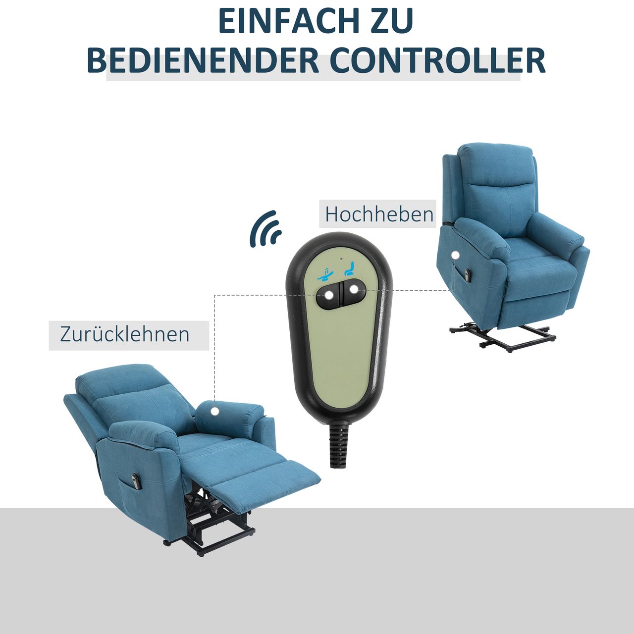 HOMCOM elektrischer Aufstehsessel Sessel mit Aufstehhilfe für Senior Relaxsessel Fernsehsessel Liegefunktion Leinen-Touch Blau 83 x 89 x 102 cm