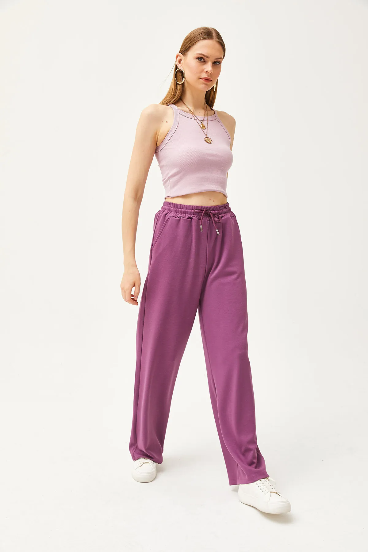 Olalook  Damen-Palazzo-Jogginghose aus weichem, strukturiertem Modal in Lila mit Taschen EŞF-00000068