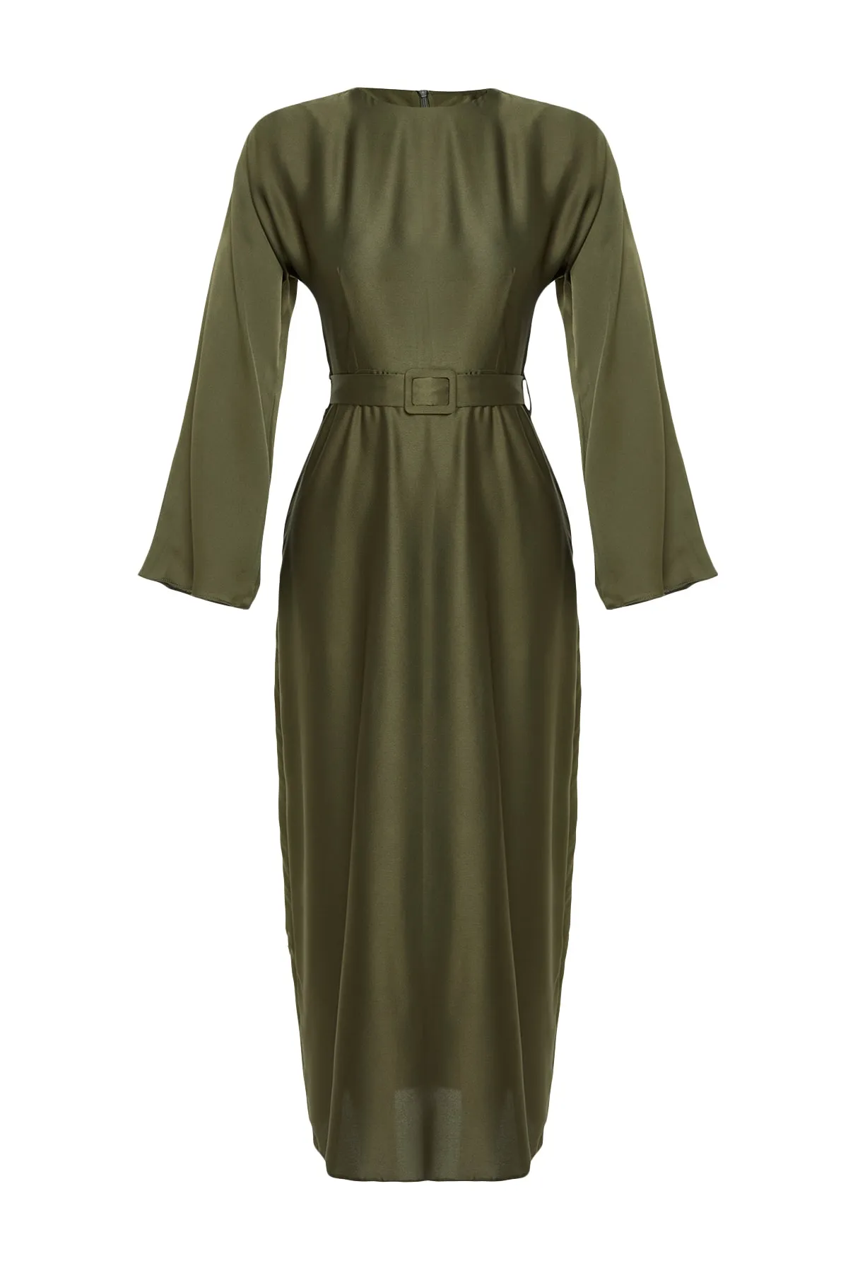 Trendyol Modest  Dunkelkhakifarbenes Abendkleid aus Satin mit Gürtel TCTSS23DB00019
