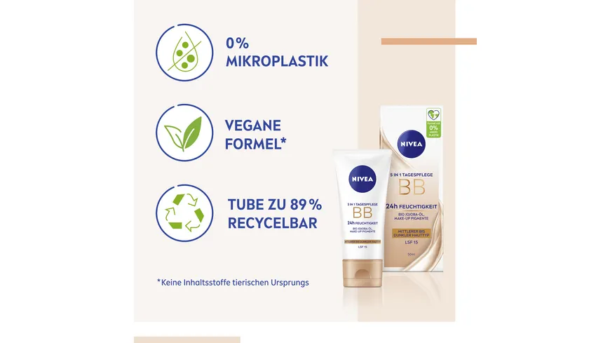 NIVEA 5in1 BB Tagespflege 24h Feuchtigkeit Mittlerer bis Dunkler Hauttyp LSF 15 50 ml