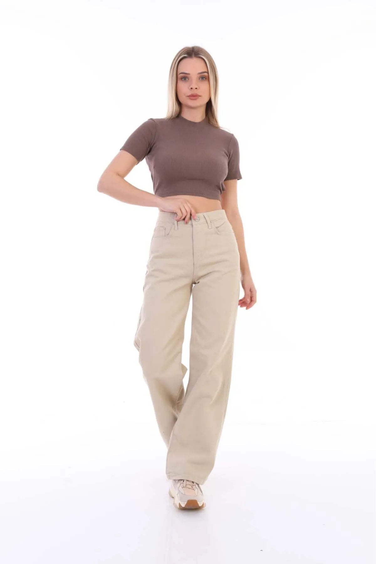 BİKELİFE  Beigefarbene Palazzo-Hose mit weitem Bein und hoher Taille für Damen