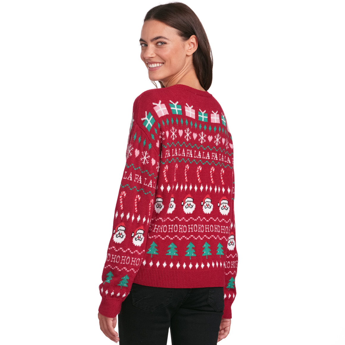 Damen Weihnachtspullover mit Allover-Motiv dunkelrot / grün / weiss