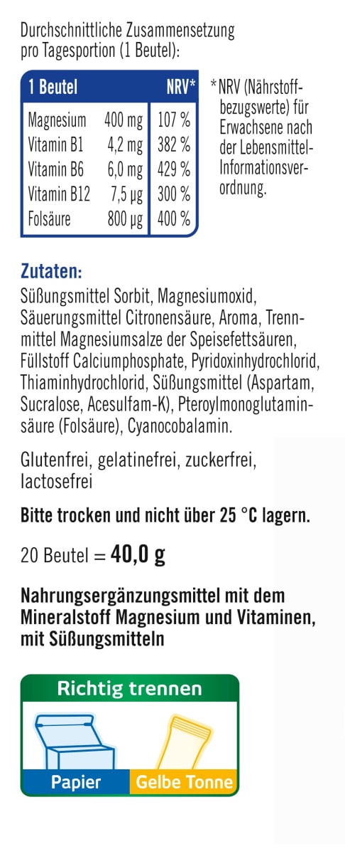 Magnesium 400 + B1 + B6 + B12 + Folsäure 800 Direkt-Granulat 20 St., 40 g