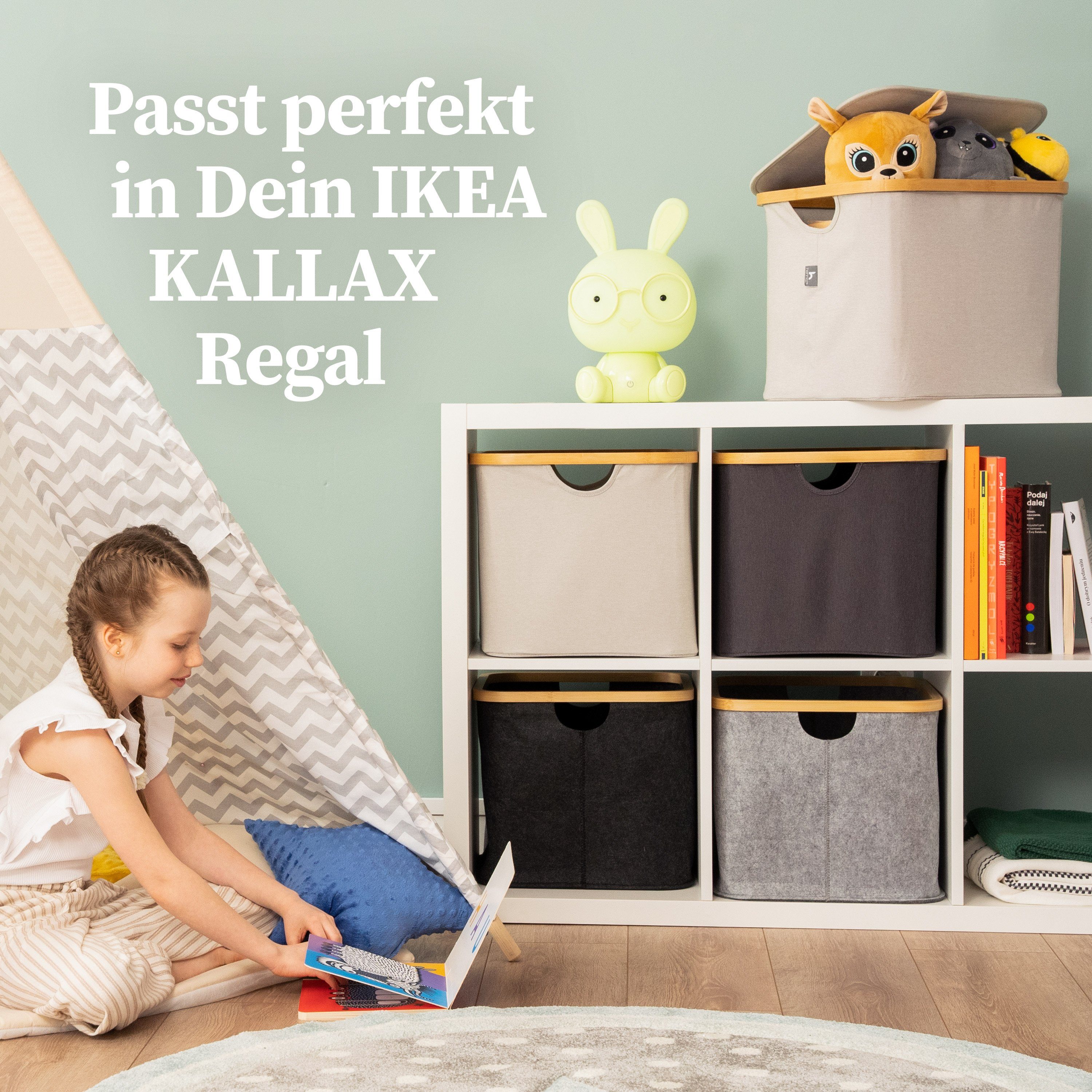 HENNEZ Wäschekorb, Aufbewahrungskorb 40l Körbe Grau kompatibel IKEA KALLAX Regal, Korb zur Holz Aufbewahrung Bambus