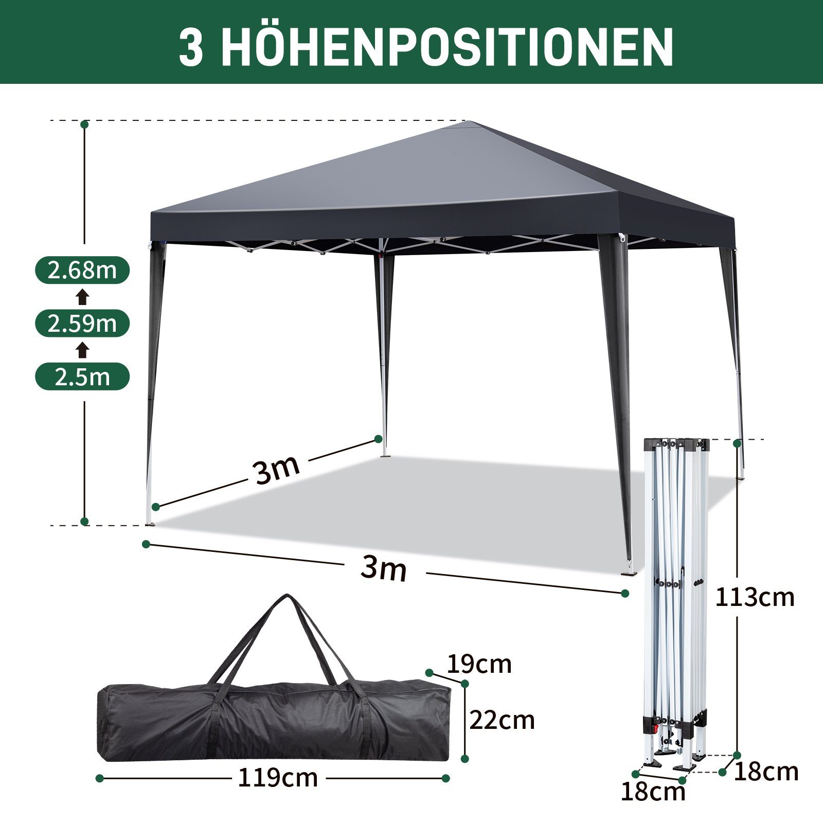 FCH Pavillon, Faltpavillon, Pop-Up Pavillon aus Oxford Metallrahmen 3x3 m