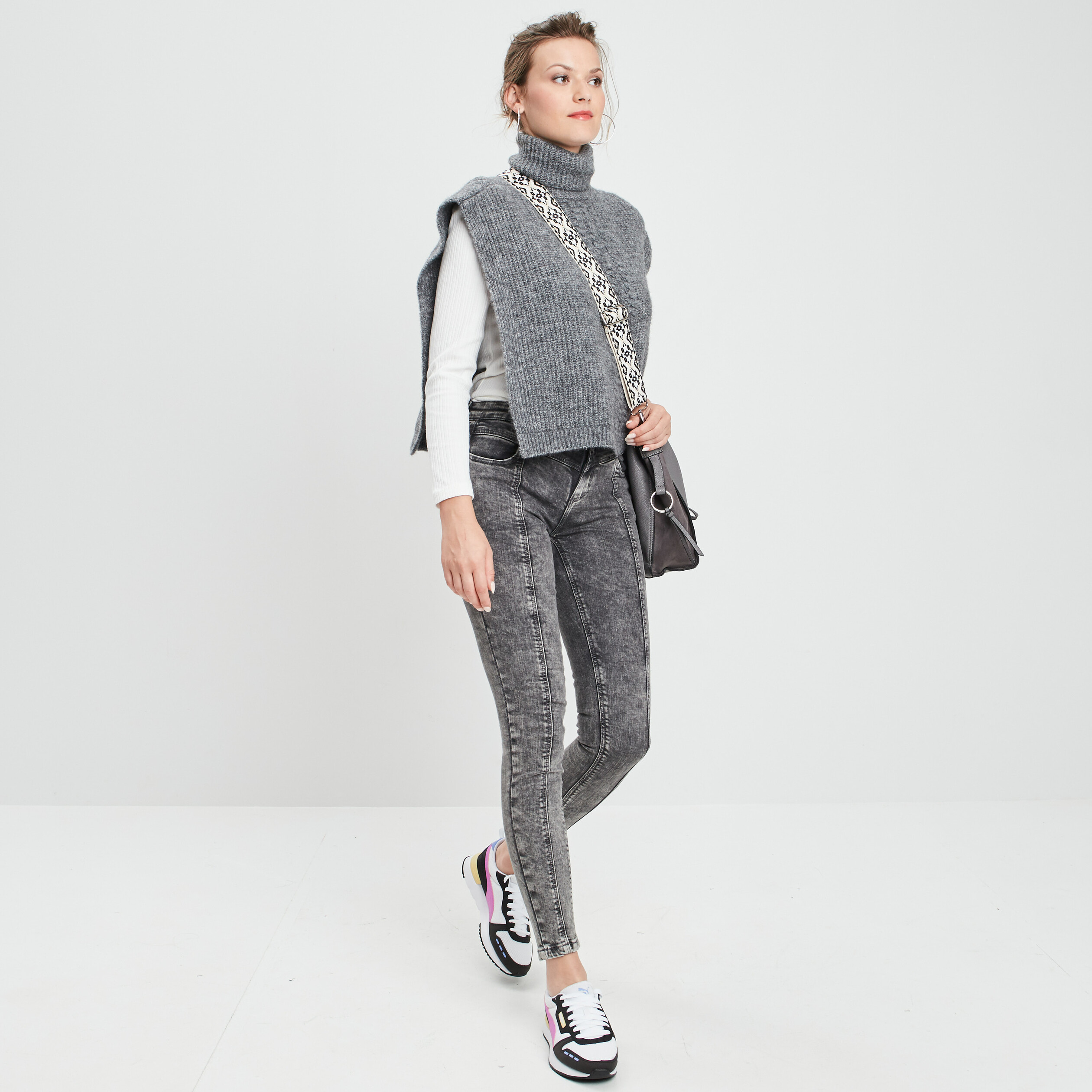 Poncho à col roulé gris femme | La Halle