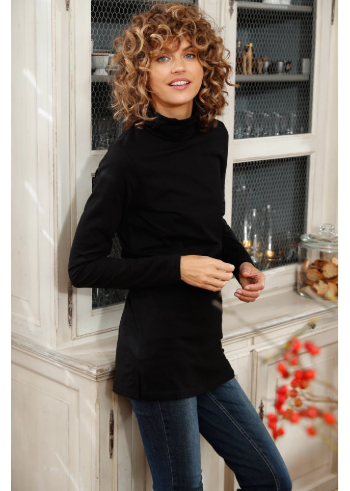 Baumwoll-Stretch-Longshirt mit Rollkragen und Seitenschlitz, Soft-Touch