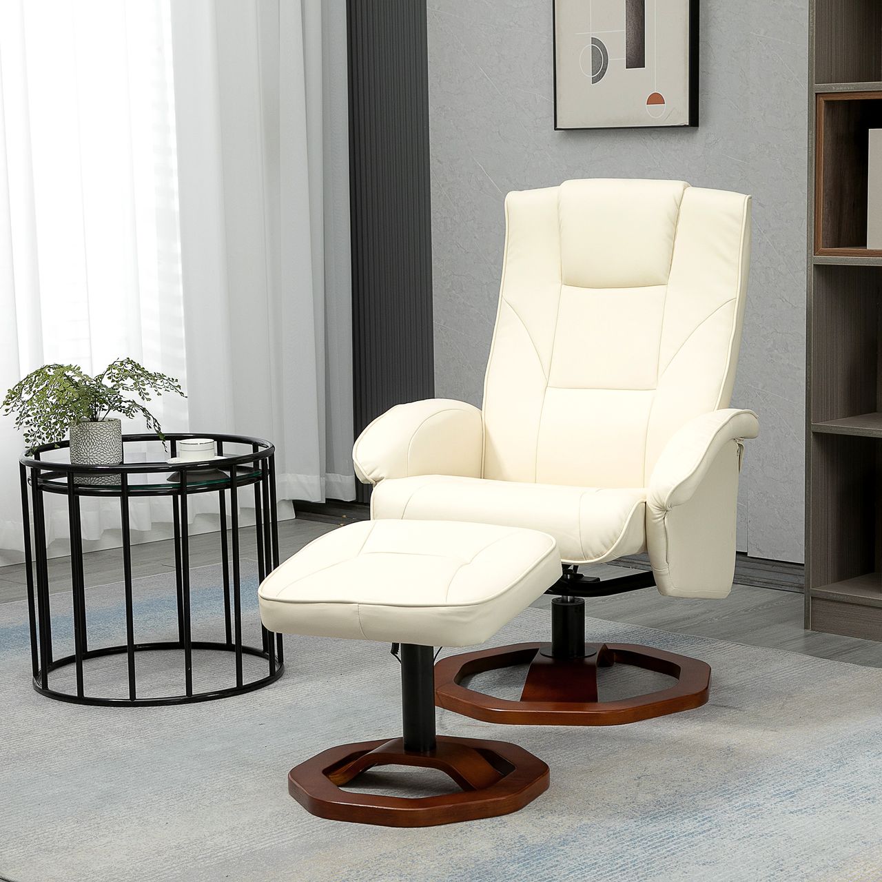 HOMCOM Massagesessel Relaxliege mit Fußhocker Relaxsessel Liegefunktion Fernsehsessel Liegesessel mit Massagefunktion 360° drehbar Kunstleder Stahl Cremeweiß Braun 73 x 83 x 106 cm