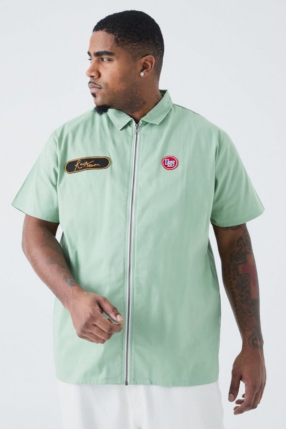 Plus Short Sleeve Twill Zip Moto Shirt