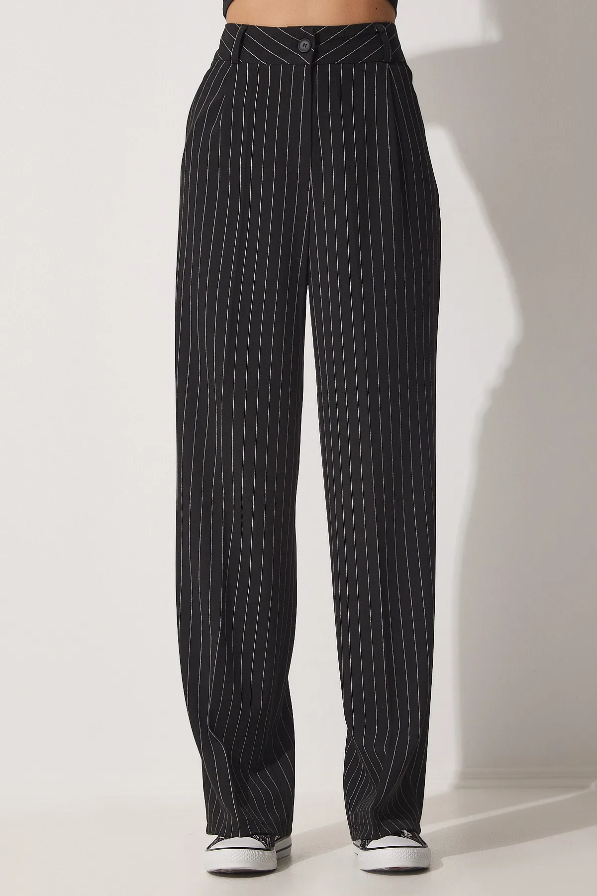Happiness İstanbul  Schwarze, dünne, gestreifte, lockere, bequeme Webhose für Damen HG00002