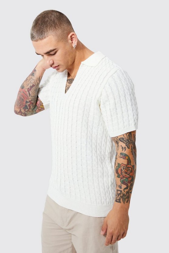 Strick-Poloshirt in Waffeloptik mit V-Ausschnitt