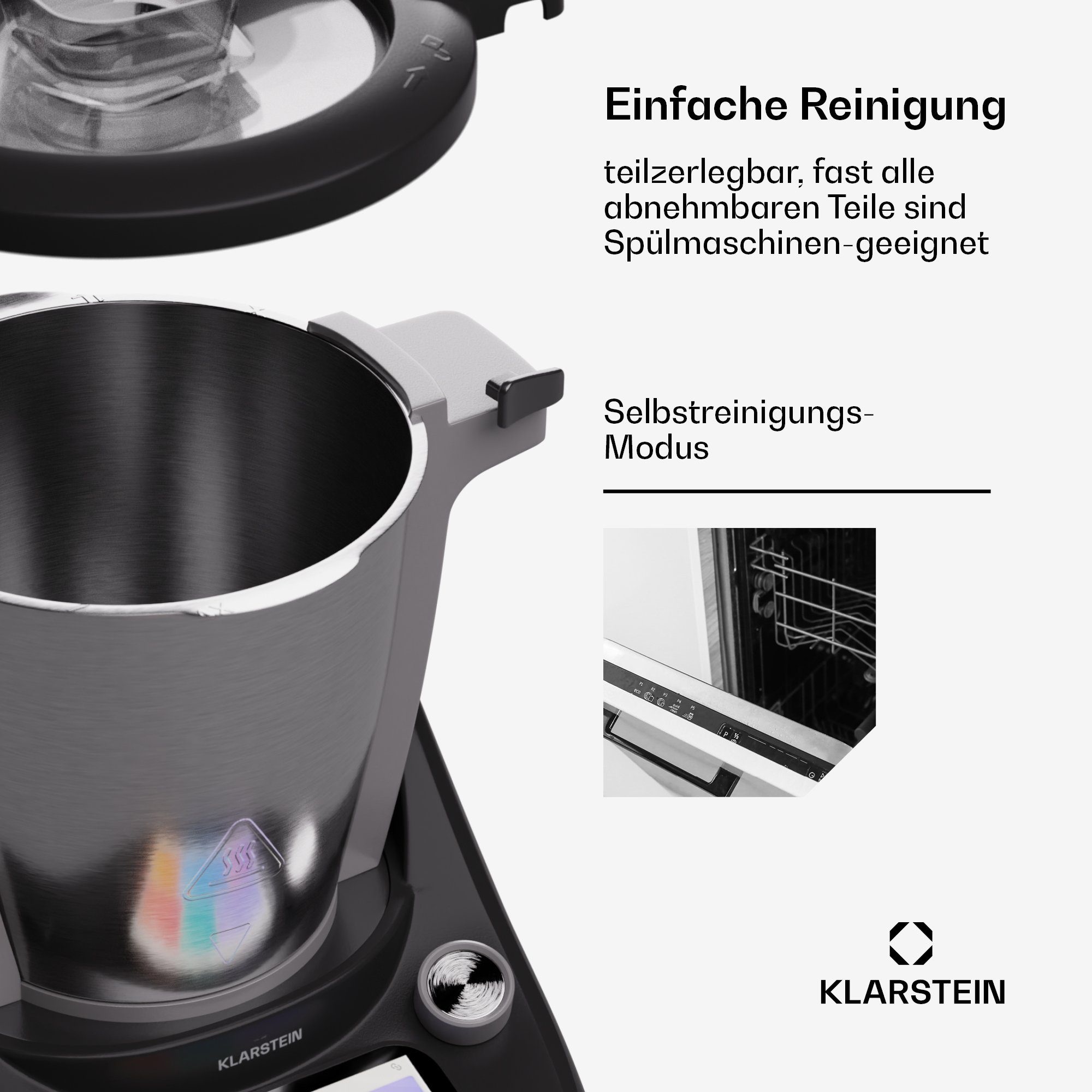 Klarstein Küchenmaschine mit Kochfunktion Aria Select Smart, 1700 W, 4.7 l Schüssel, Dämpfaufsatz Waage 4,7 L Edelstahl Touch App