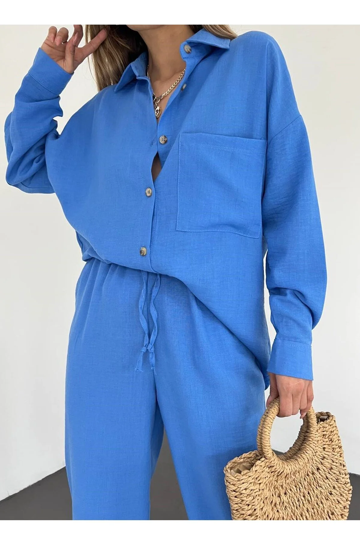 lovebox  Damen-Set aus Hemd und Hose aus Leinenstoff mit Taschendetail, Übergröße, Doppelblau, 10277