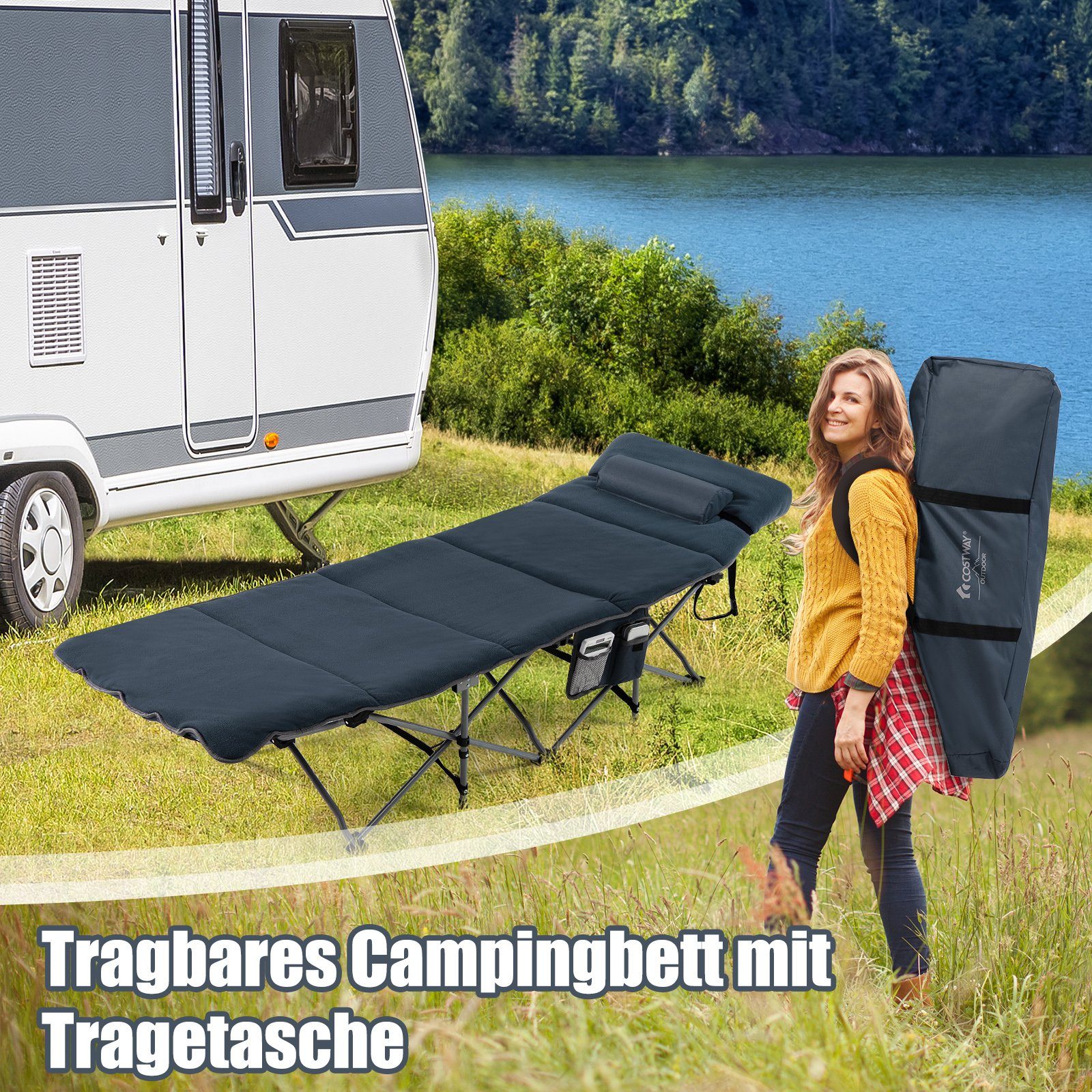 COSTWAY Feldbett Campingbett klappbar, mit Matratze & Kissen, 150kg, 185x65cm