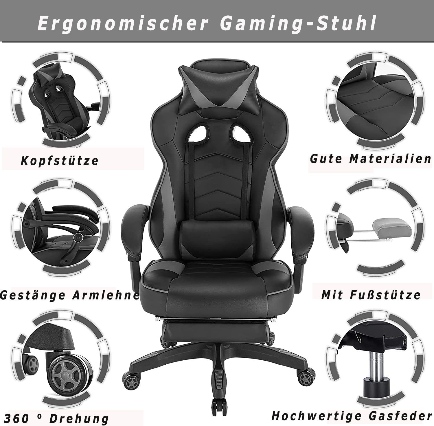 Woltu Gaming-Stuhl (1 St), 145 Grad Neigungswinkel, höhenverstellbar