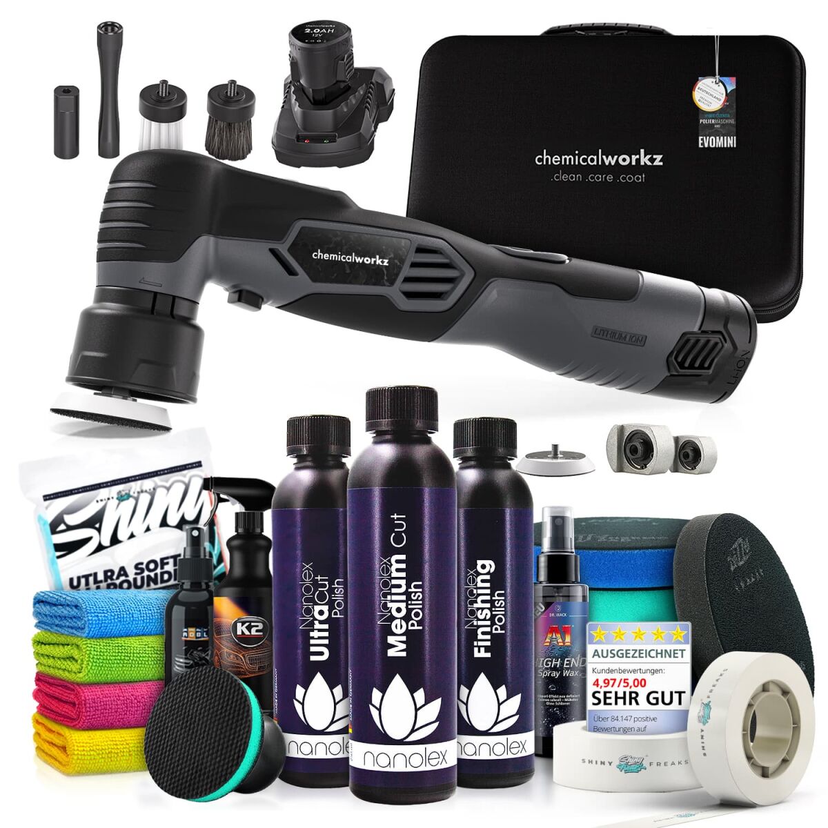 chemicalworkz EVO Mini Akku Poliermaschinen Set mit Nanolex Polituren & Zubehör