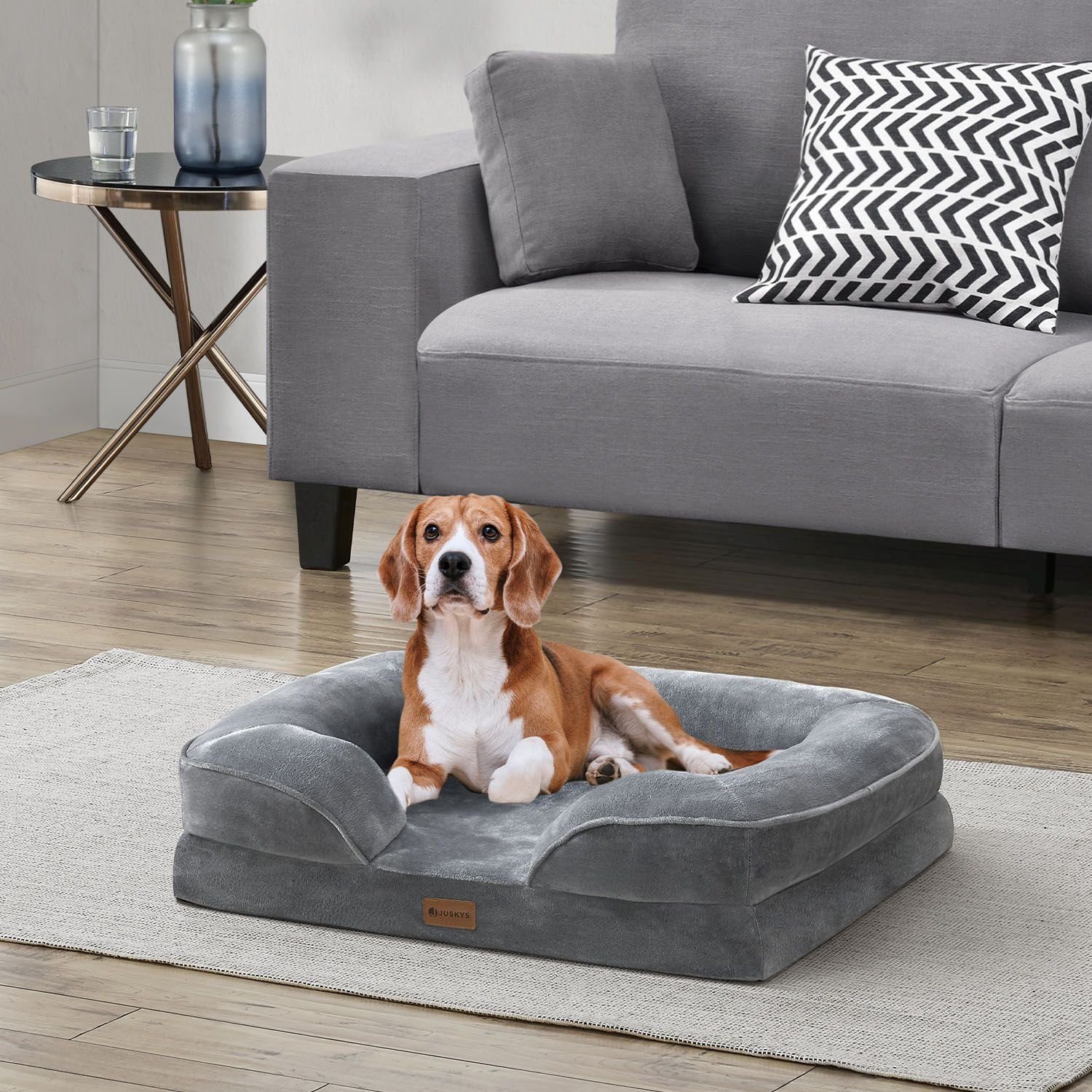 Juskys Tierbett Sheena, Stoff, Flanell (100 % Polyester), orthopädisch, waschbar und rutschfest, gepolsterter Rand
