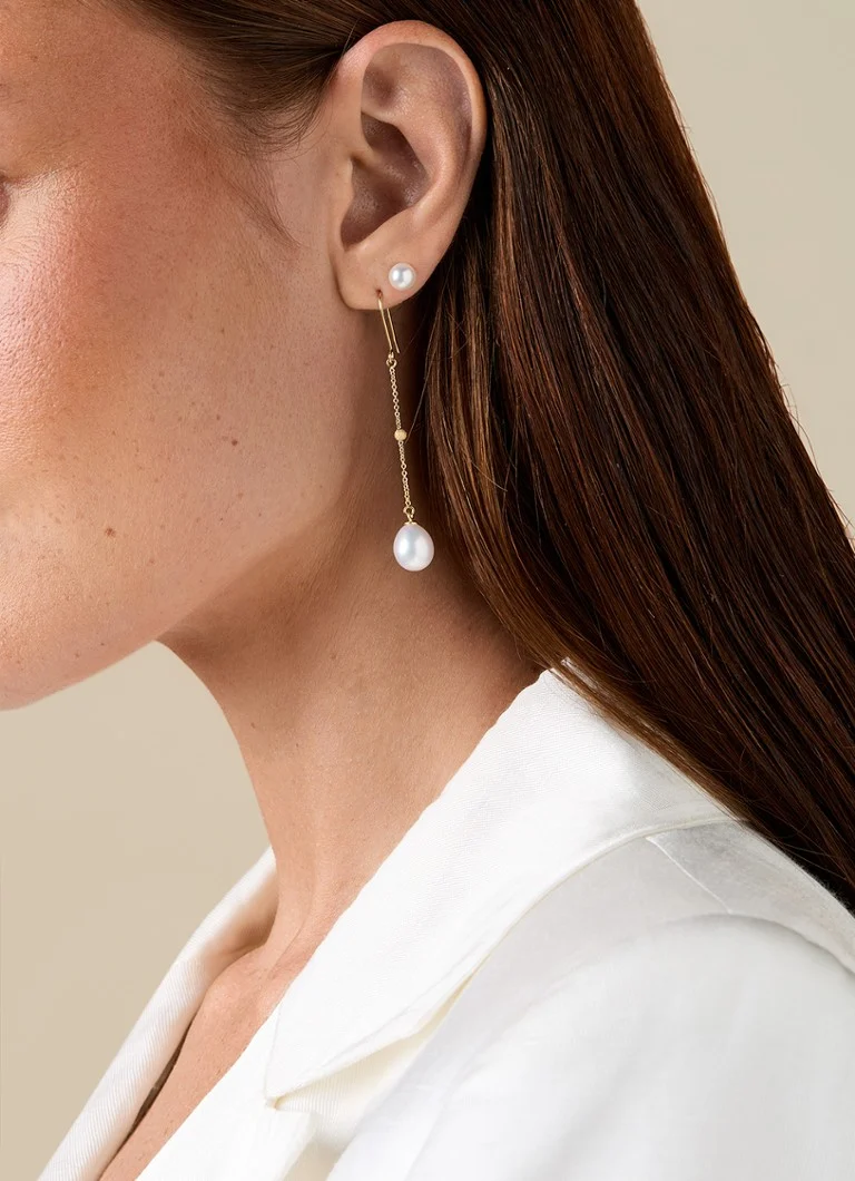 Diamond Point Yellow gold earrings white freshwater pearl Riviera