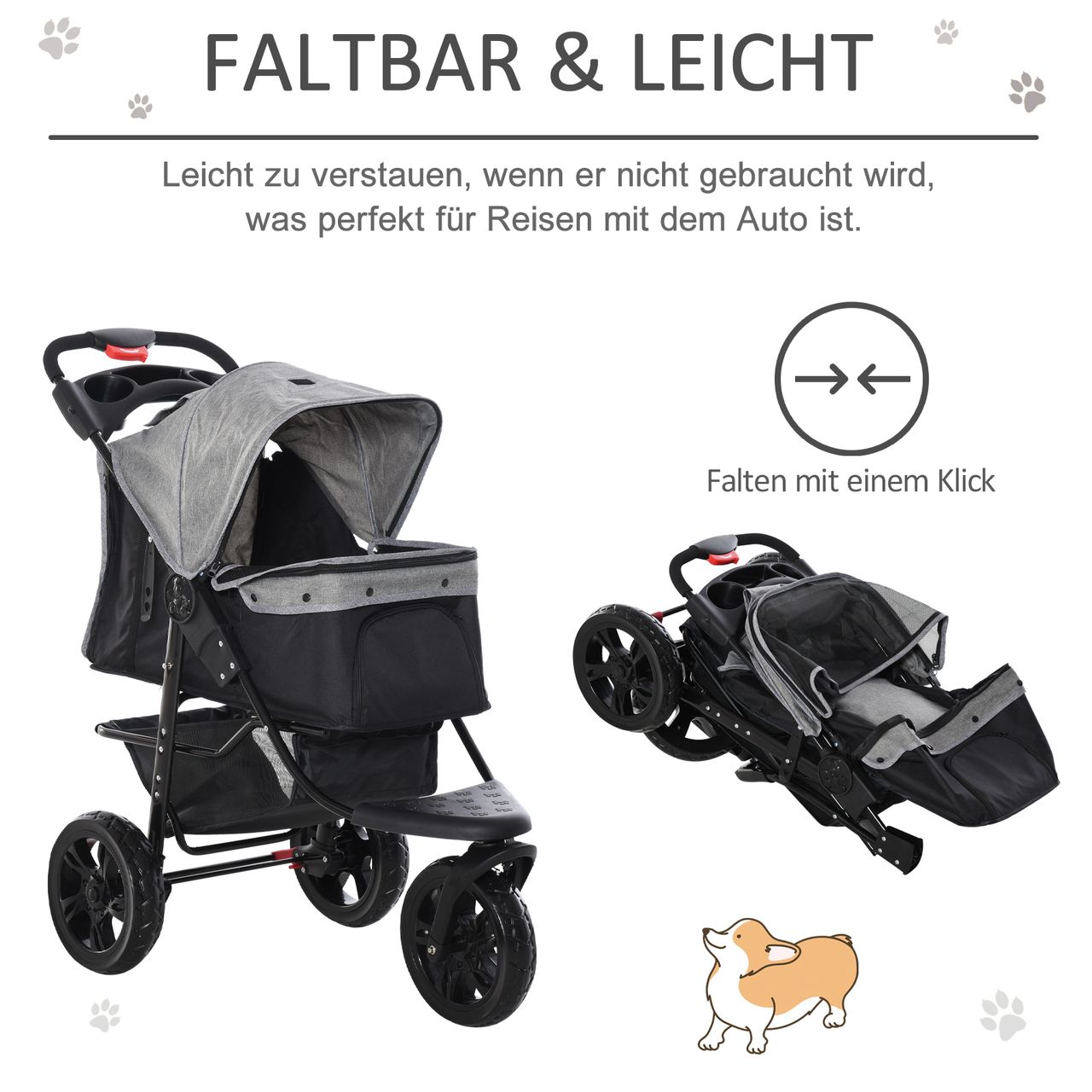 PawHut Hundewagen Hundebuggy Katzen Pet Stroller mit 3 Rädern klappbar Grau
