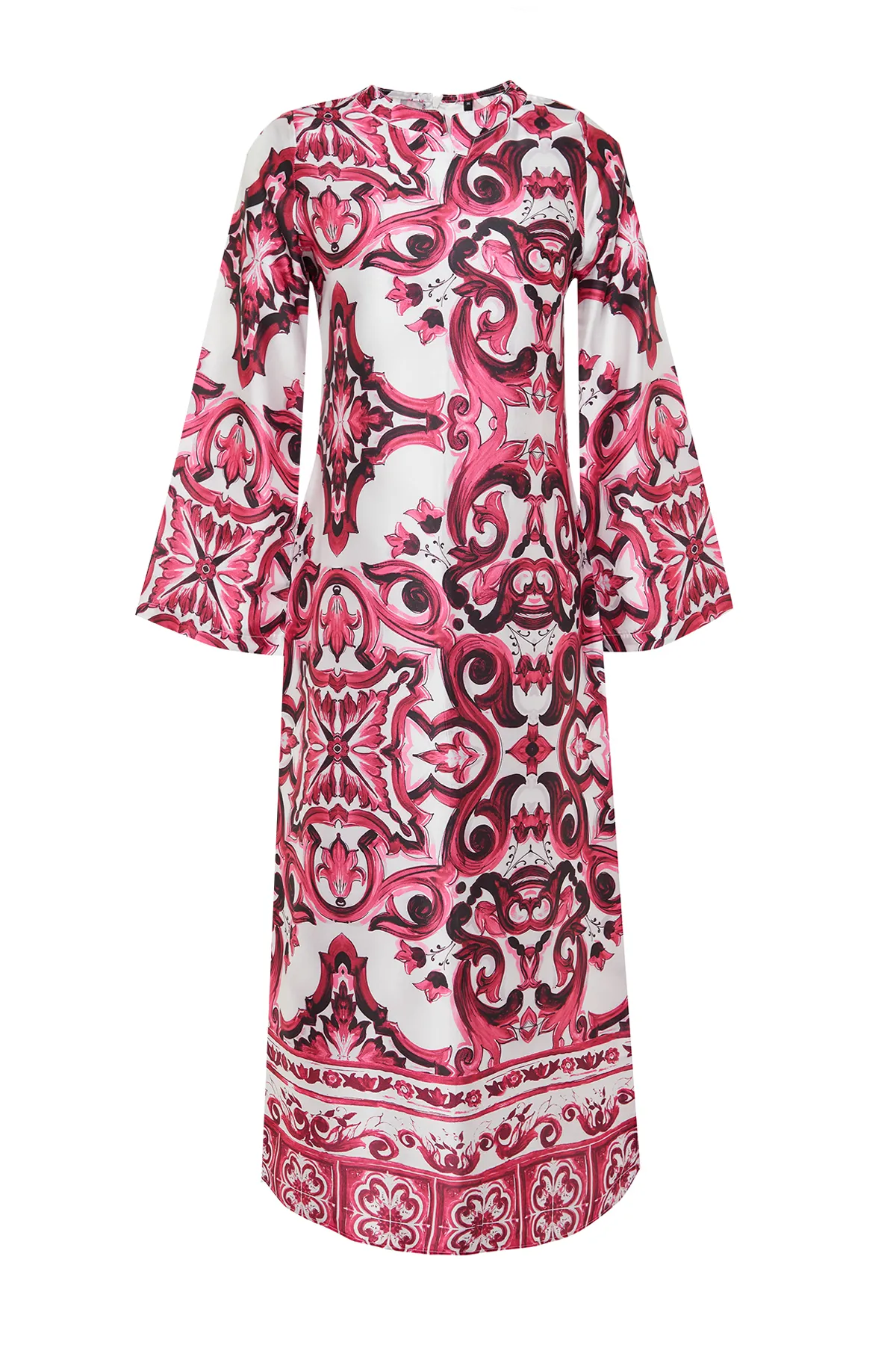 Trendyol Modest  Fuchsiafarbenes Abendkleid mit Ethnomuster und Satinoberfläche TCTSS23DB00028