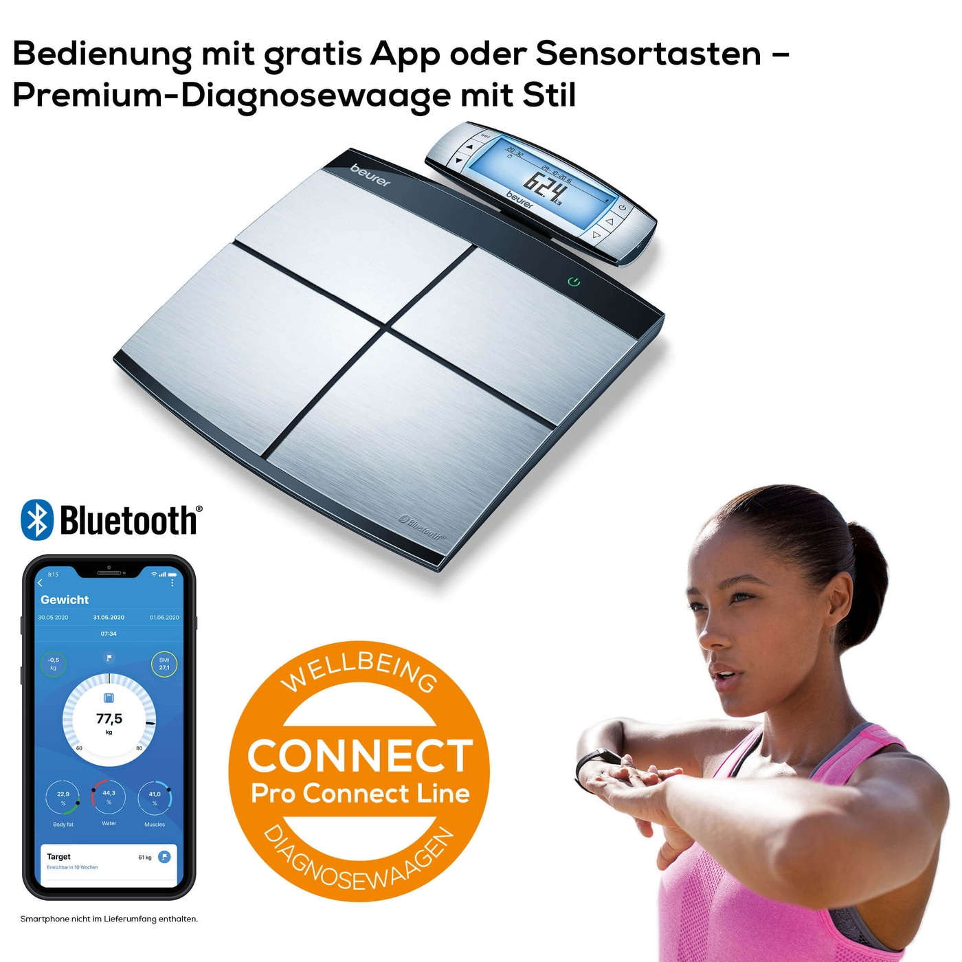 Beurer Diagnosewaage BF 105 BodyComplete-Körperwaage mit Ganzkörperanalyse Ober-/Unterkörper & App-Anbindung bis 180 kg