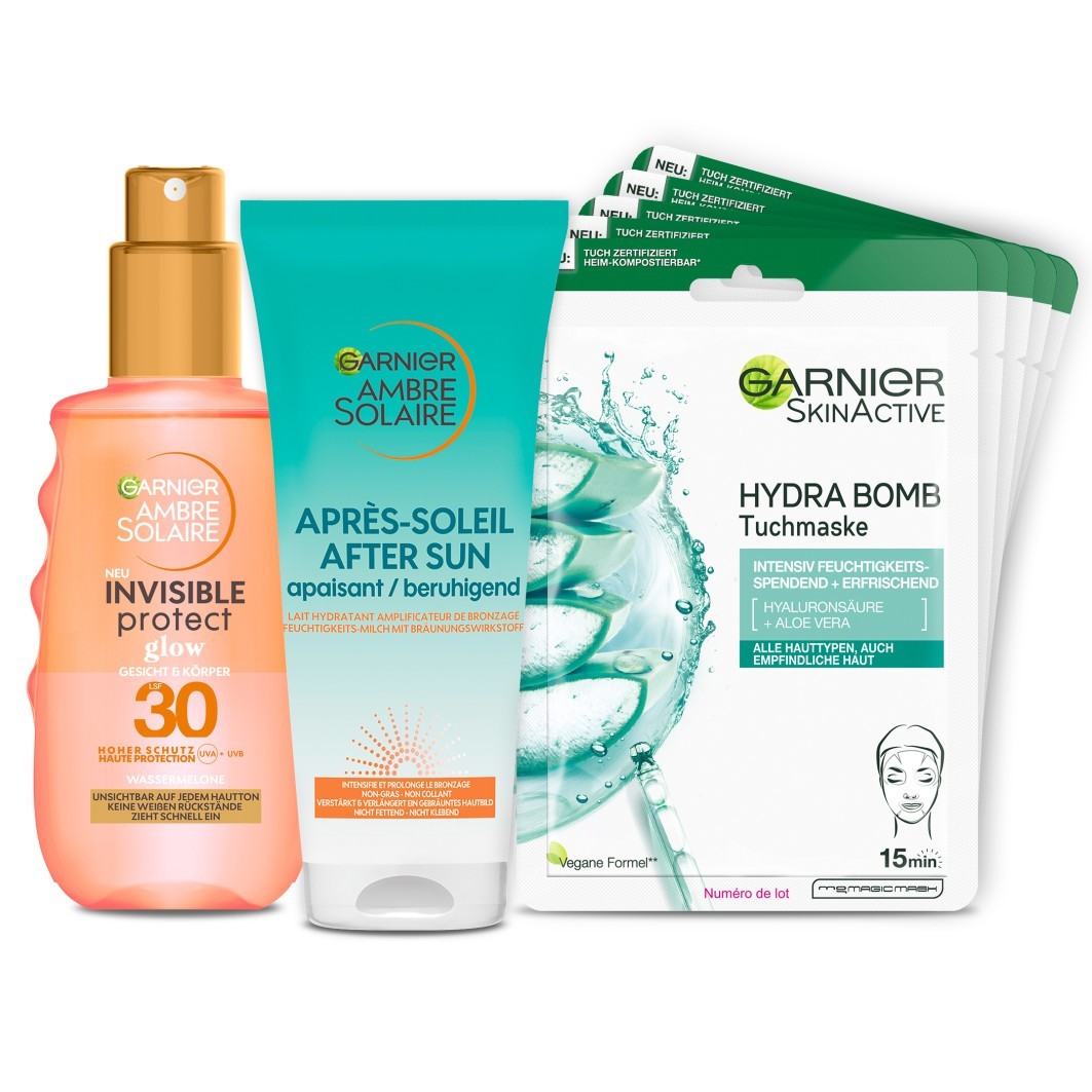 Coffret Young Summer Beauty - Glow Sonnenschutz-Spray + After Sun beruhigende Feuchtigkeits-Milch + Hydra Bomb Tuchmaske Aloe Vera