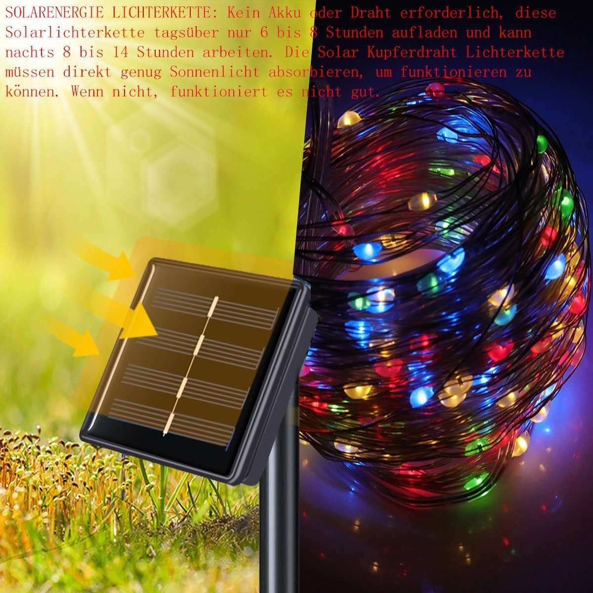 LETGOSPT LED Solarleuchte Solar 100/200 LEDs Solar Kupferdraht Lichterkette, LED fest integriert, warmweiß, kaltweiß, bunt, Mehrfarbig, Wasserdicht IP65 Innen Außen Garten Party Dekor