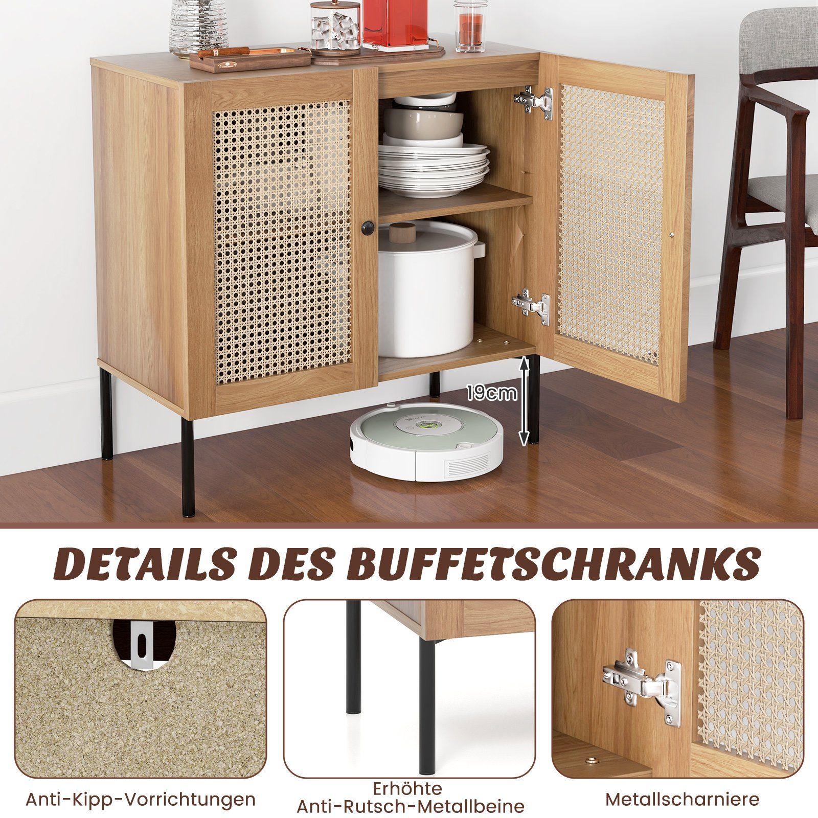 COSTWAY Sideboard, mit Arbeitsplatte, Rattantüren&verstellbarem Regal, 80cm
