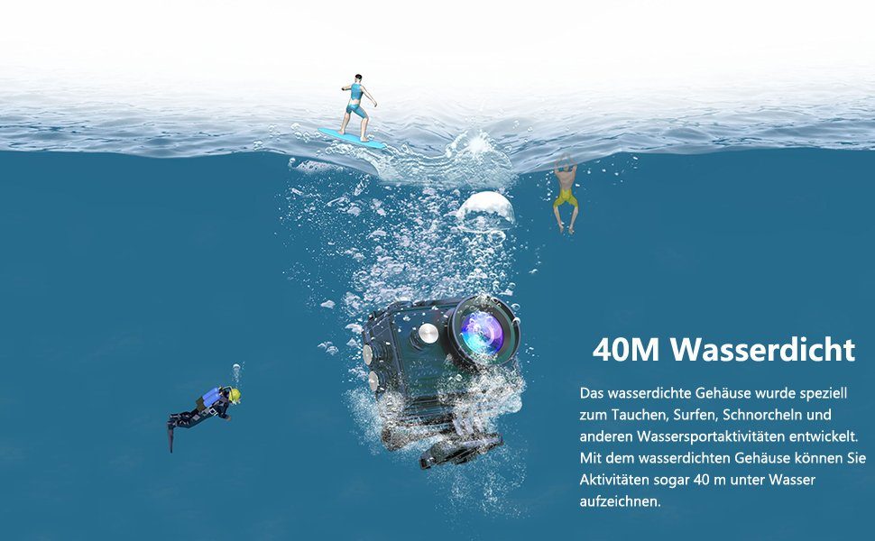 Apexcam M80 Air Action Cam (1080p, 4K, WLAN (Wi-Fi), mit Tasche, zwei Akkus, zwei Ladegeräten, Unterwasserkamera, 170 ° Weitwinkel)