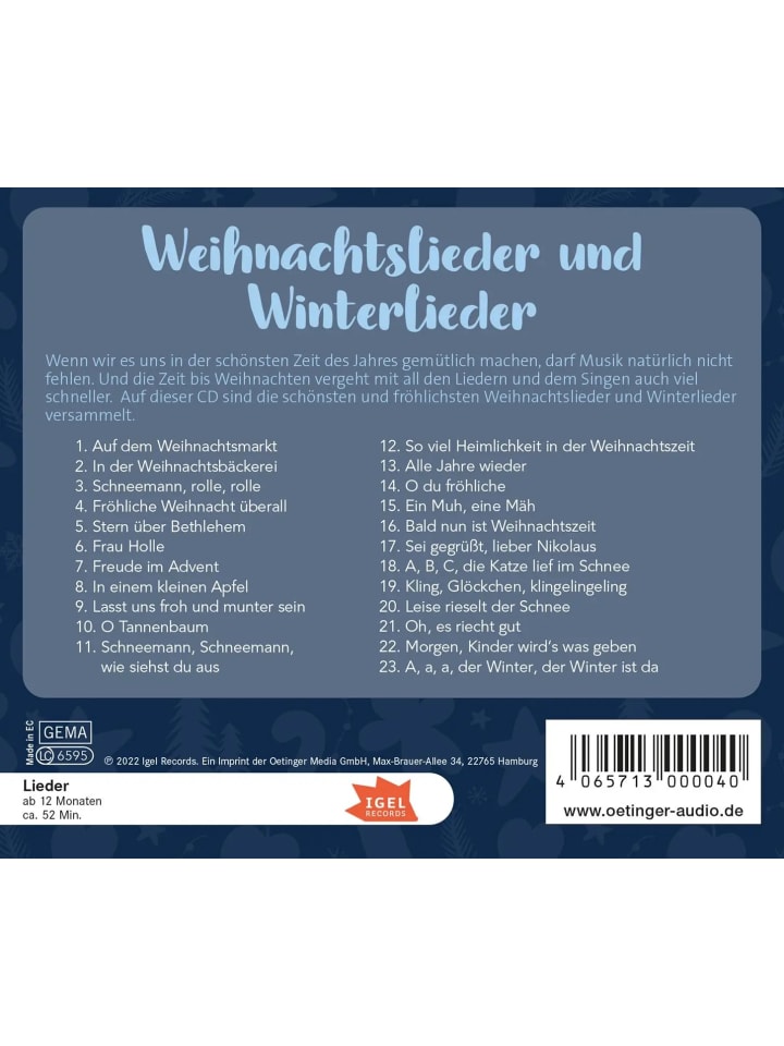 Oetinger Media Weihnachtslieder und Winterlieder | Die beliebtesten fröhlichen... günstig kaufen onesize