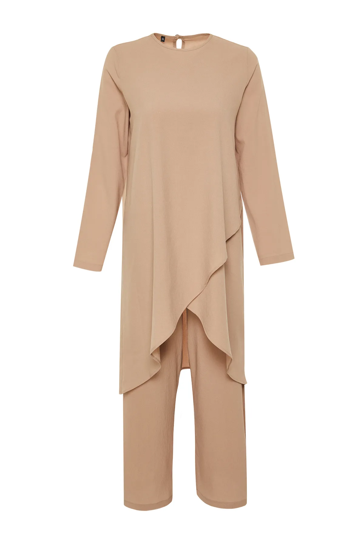 Trendyol Modest  Beiges asymmetrisches gewebtes Tunika-Hosen-Oberteil und Unterteil-Set TCTSS24US00074