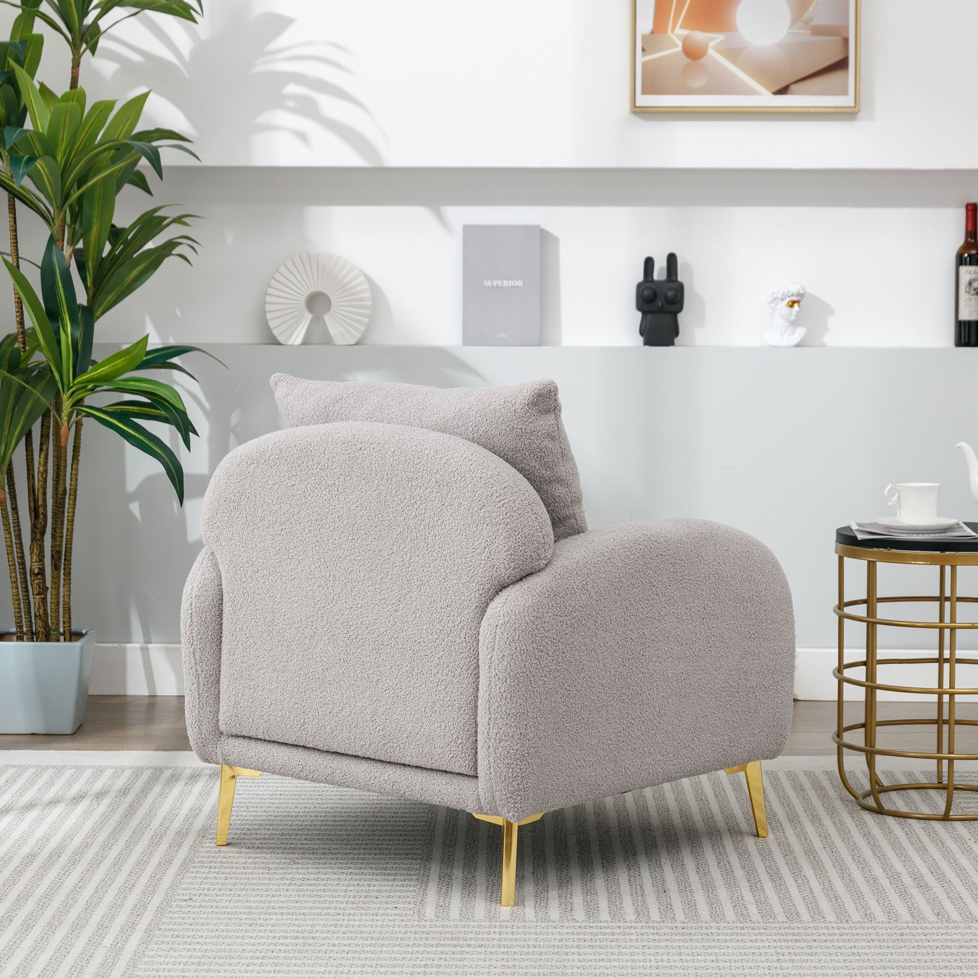 OKWISH Sessel Loungesessel Polstersessel Armlehnensessel Freizeitsessel Einzelsessel (Moderner und schlichter Teddy-Samtstuhl, mit Kissen, extra großer Einzelsessel mit breiter Sitzfläche), tiefer Sitzfläche, roségoldene Sofabeine