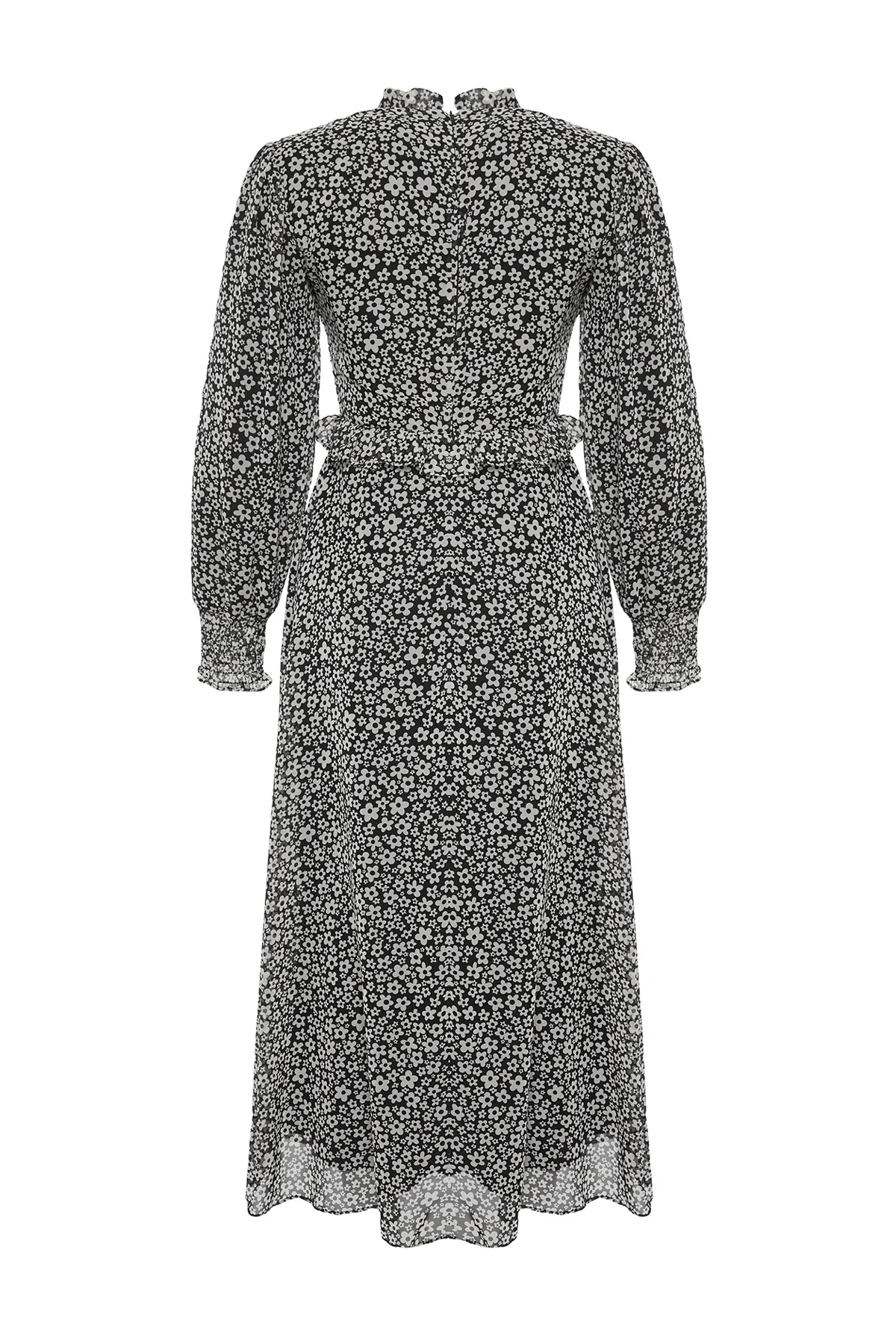 Trendyol Modest  Schwarzes, gefüttertes, florales, gewebtes Kleid mit Rüschen an der Taille TCTSS24EB00068
