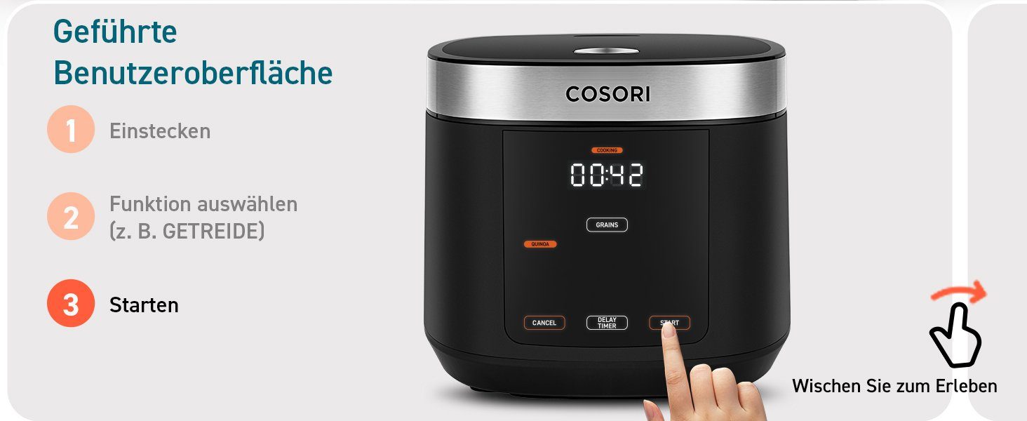 Cosori Multikocher CRC-R501-KEU + Zubehör, 970,00 W, 5,00 l Schüssel,Reis und Getreide, kochen, dämpfen, backen, Suppen, warmhalten, Timer