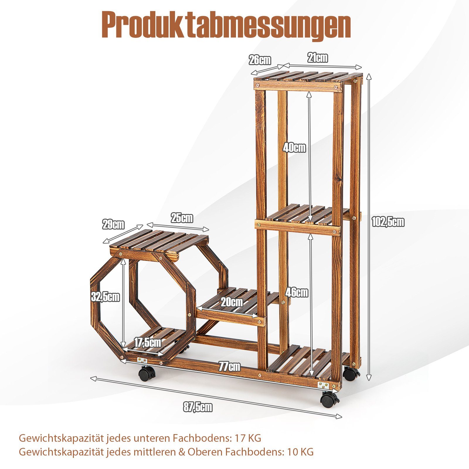 COSTWAY Blumenständer, Holzregal auf Rollen, mehrstöckig, 87,5x29x102,5cm