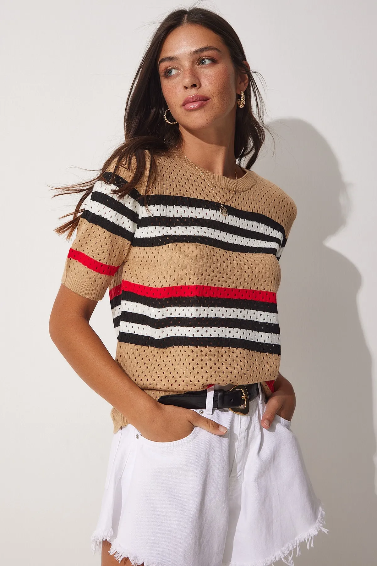 Happiness İstanbul  Durchbrochene, durchbrochene, gestreifte Sommerstrickbluse für Damen NF00048