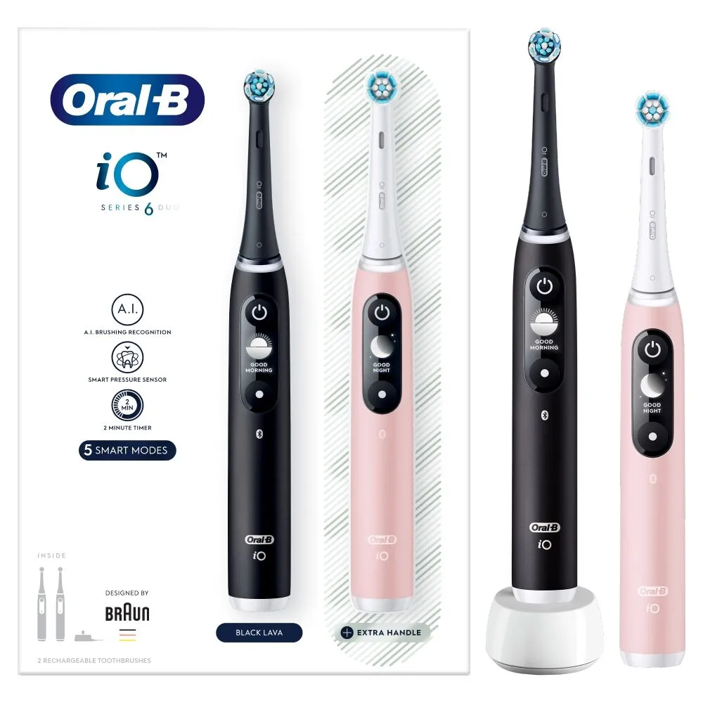 Conjunto de escova de dentes elétrica Oral-B iO Series 6 Duo nas cores preto e rosa areia