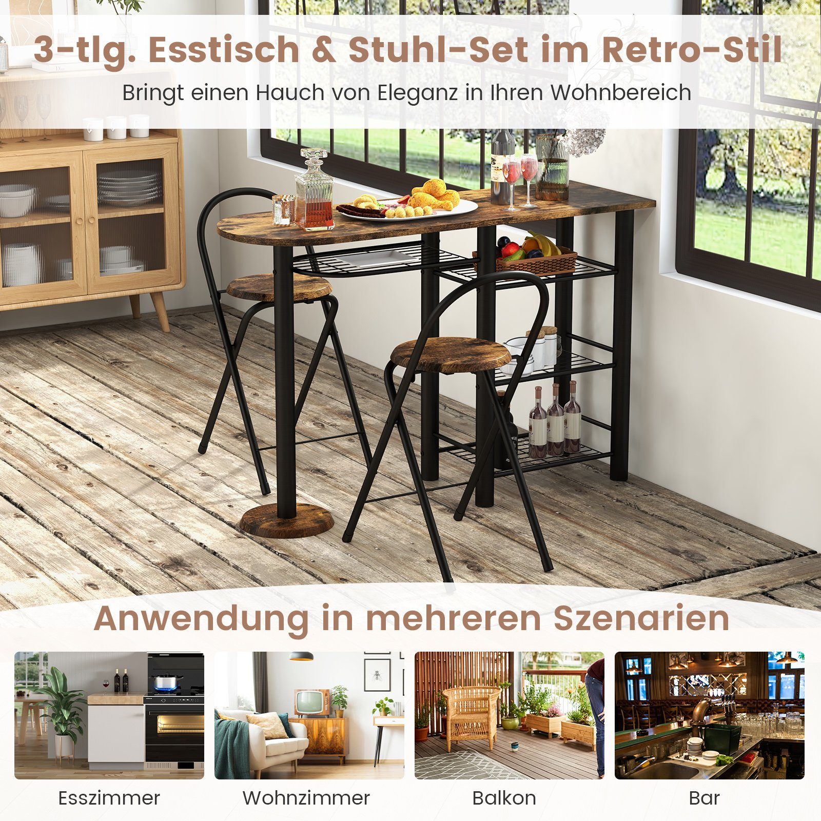 COSTWAY Bartisch (3-St), mit 2 Barhocker und 4-stufigem Regal, für 2 Personen