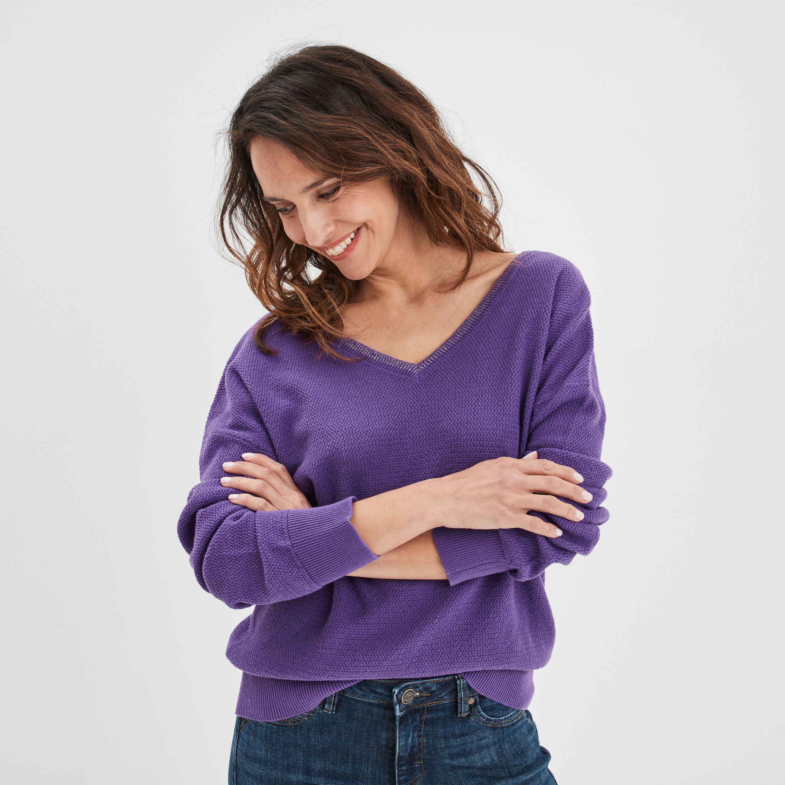 Pull gilet recto-verso col en V violet femme | La Halle