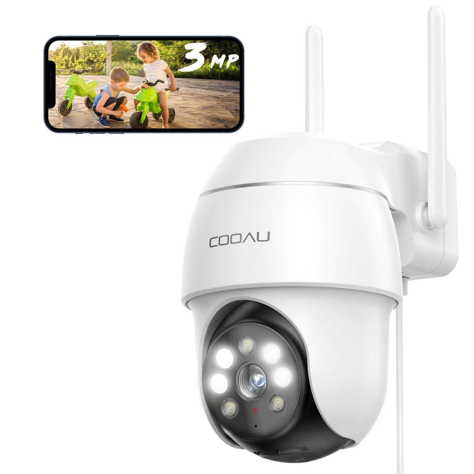 COOAU 2K Überwachungskamera Aussen WLAN,355°/90° Schwenkbar IP Kamera IP66 Überwachungskamera (AuBenbereich, 4 Geräte Gleichzeitig,Mit der Familie teilen,All-in-1 APP,Alexa, Mensch Bewegungsmelder,Automatische Verfolgung,Farbige Nachtsicht,3MP, 24/7