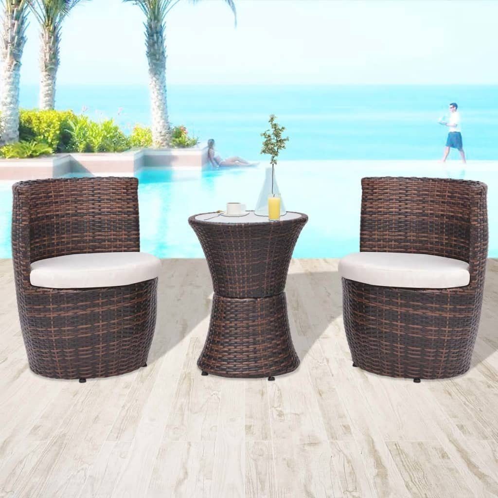 vidaXL Gartenlounge-Set 3-tlg. Bistro-Set mit Auflagen Poly Rattan Braun, (3-tlg)