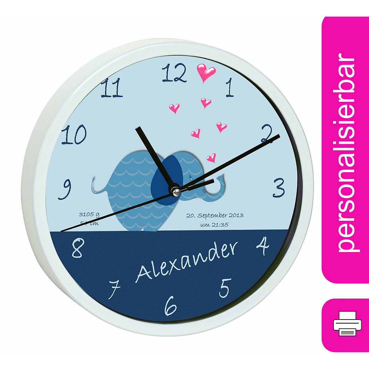 Kinder Wanduhr personalisiert mit Name Elefant blau