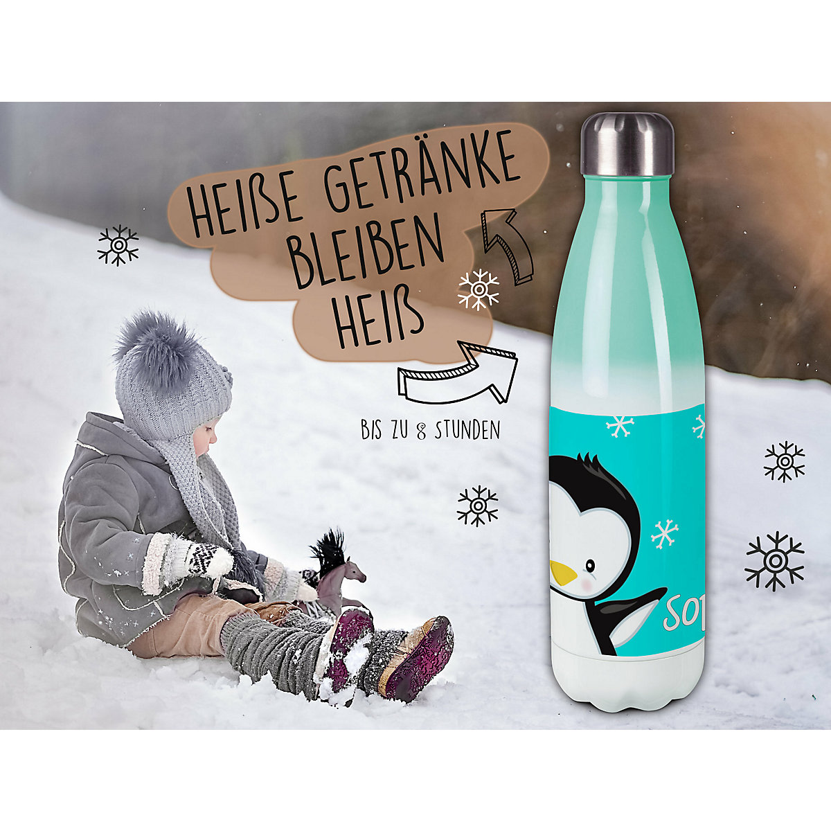 Edelstahl Kinder Thermoflasche / Trinkflasche bunt Pinguin Farbe türkis Spülmaschinenfest, Auslaufsicher, Bruchfest, Doppelwandig, Für Heißgetränke geeignet, Mit Deckel, Isoliert