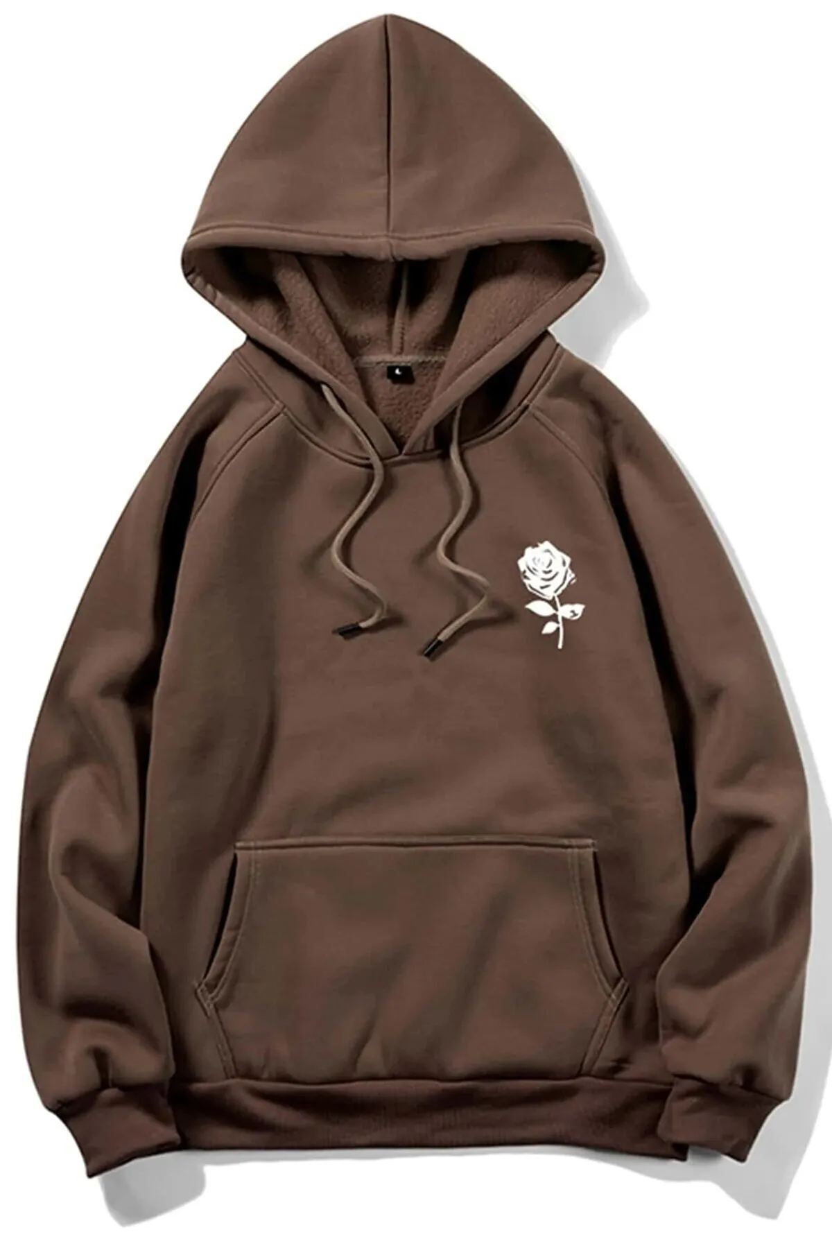 MODAGEN  Unisex-Sweatshirt mit Kapuze in Braun auf der linken Brustseite und Rosendetail in Übergröße