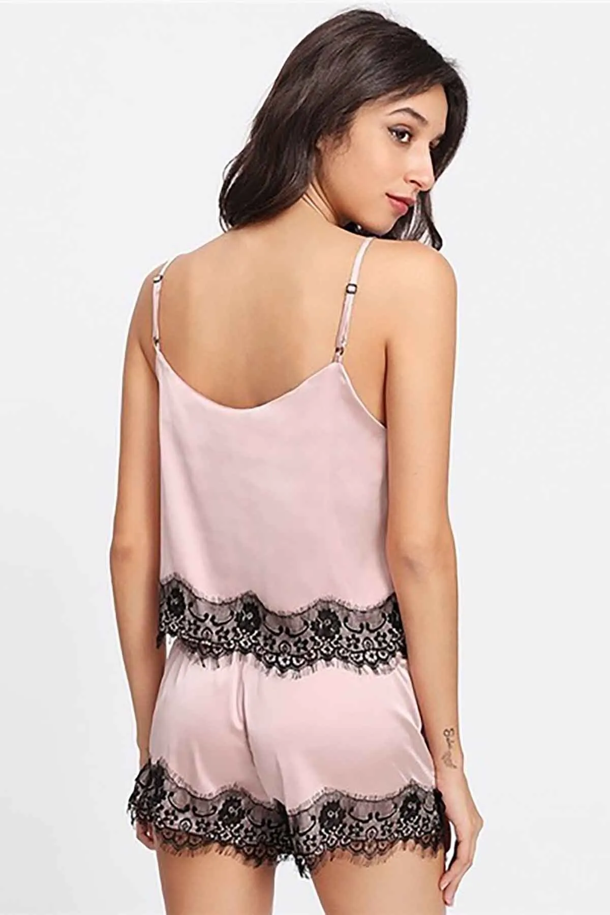 Merry See  Beruflic Spitze besticktes Satin-Nachthemd-Set, Rosa
