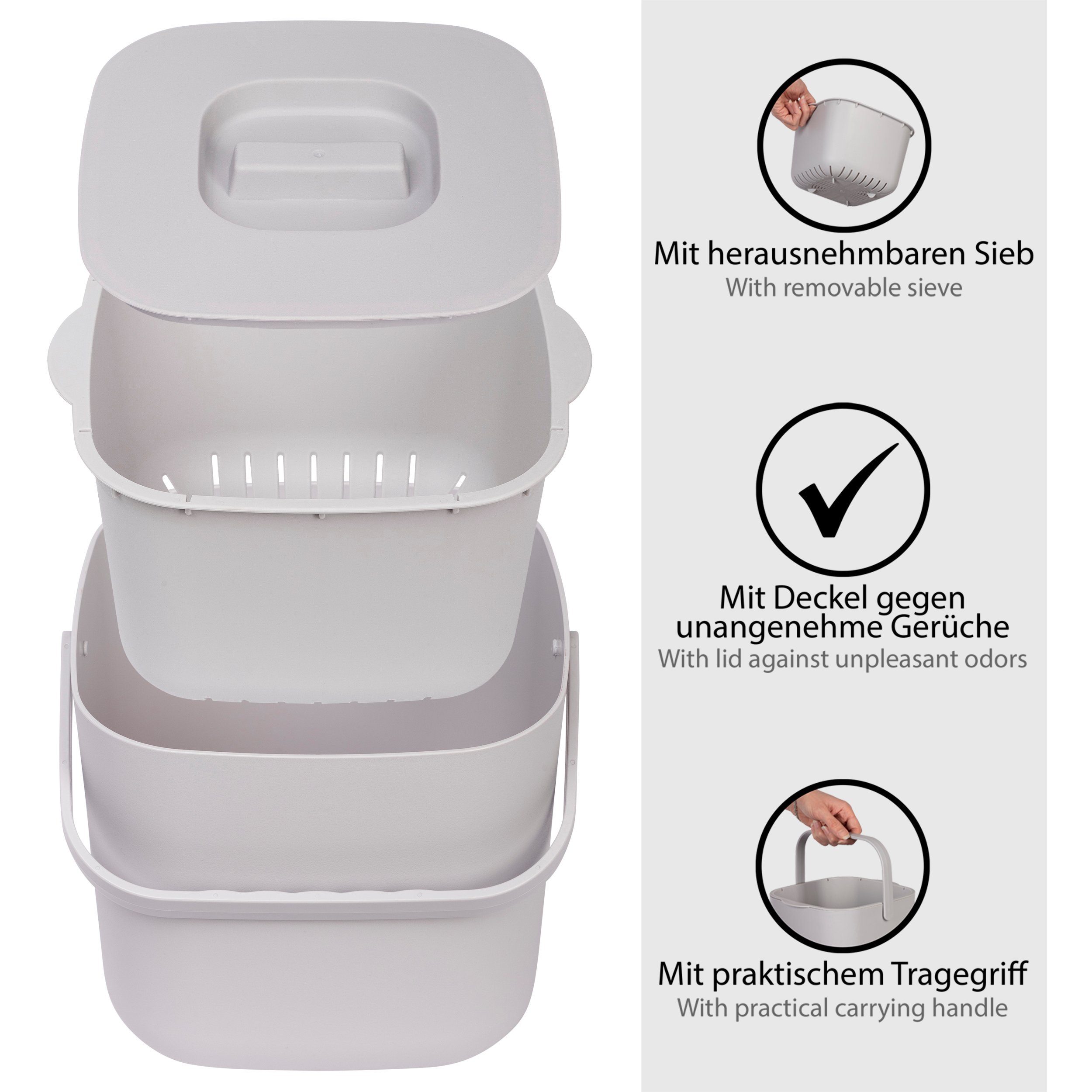 ONVAYA Biomülleimer Komposteimer mit Sieb, 7 Liter Fassungsvermögen, Spülmaschinenfest