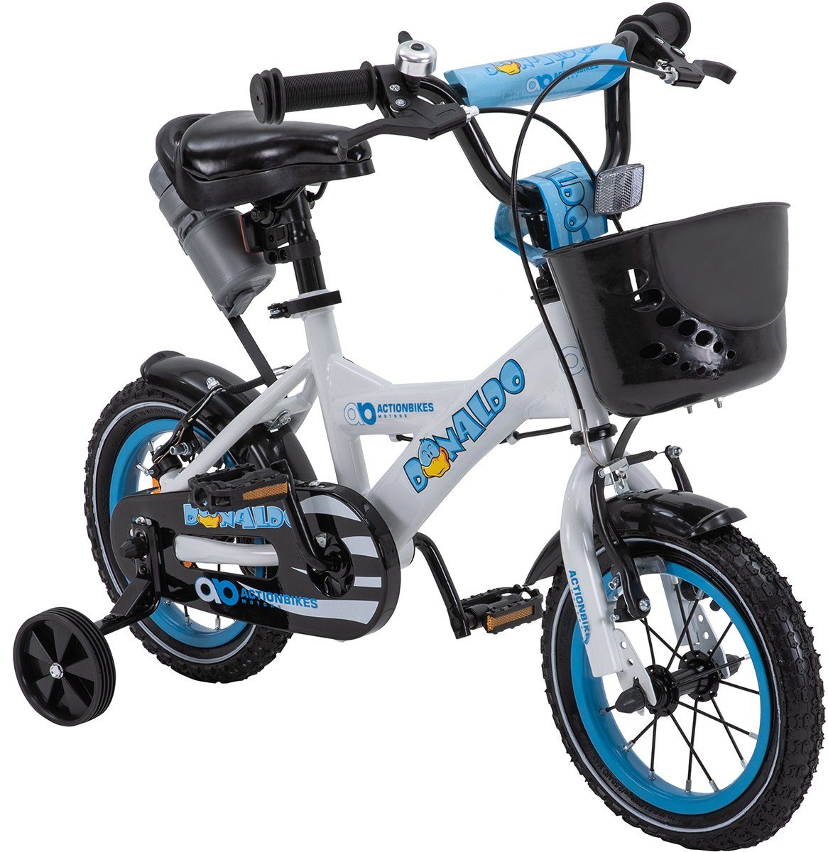 Actionbikes Motors Kinderfahrrad Kinder Fahrrad BMX Donaldo inkl. Korb - weiß / blau, 1 Gang, ohne Schaltung, (12 Zoll, ab 95 cm Körpergröße, max. Zuladung 35 kg, abnehmbare Stützräder, Klingel, Trinkflasche inkl. Halterung, Reflektoren, Antirutschgr
