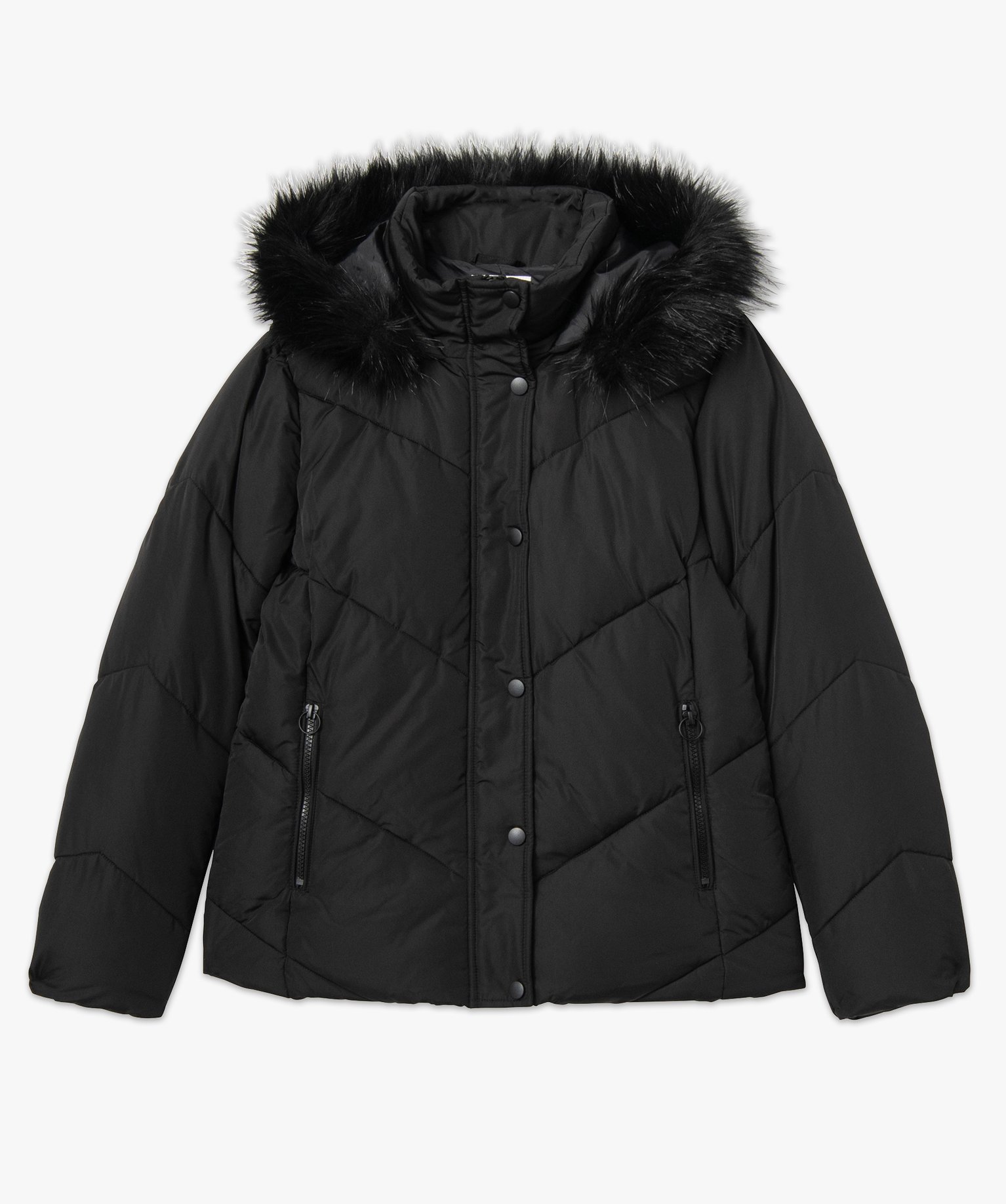 Doudoune femme à capuche en fourrure imitation noir | GEMO