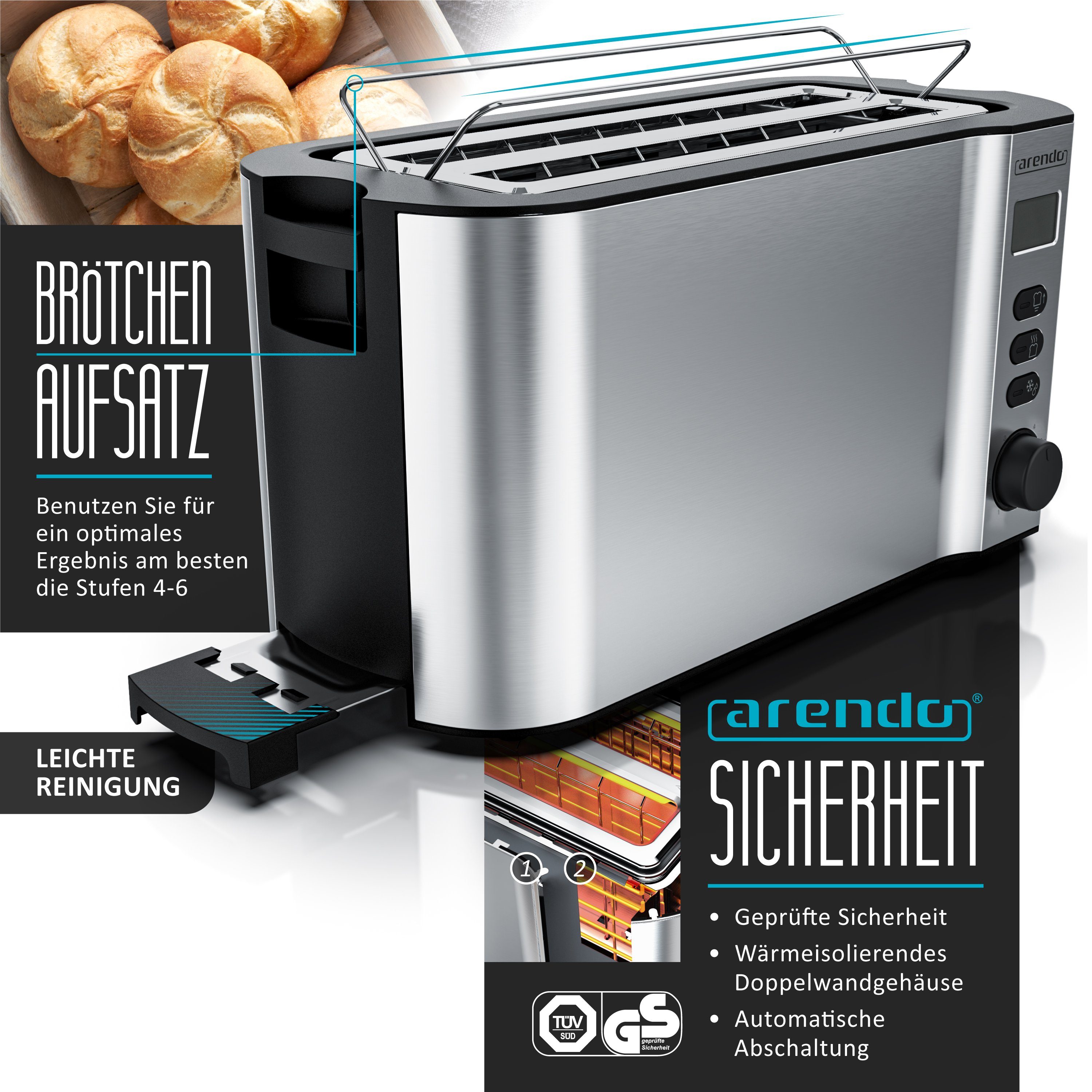 Arendo Frühstücks-Set (2-tlg), 4-Scheiben Langschlitz Toaster, 8er Eierkocher, Silber